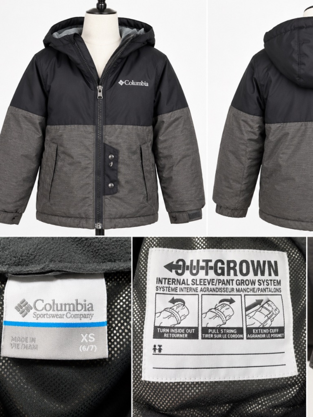 Columbia kids hooded winter jacket in black and heather gray, size XS (6/7)